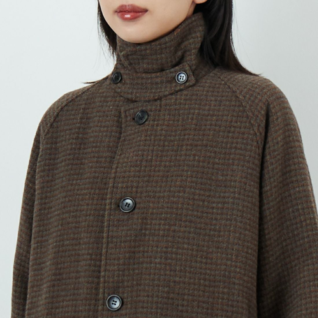 Jeans Factory Clothes [ジーンズファクトリークローズ] ワイドステンカラーミドルコート [831031IN] CHECK &&モデル身長：162cm 着用サイズ：F&&