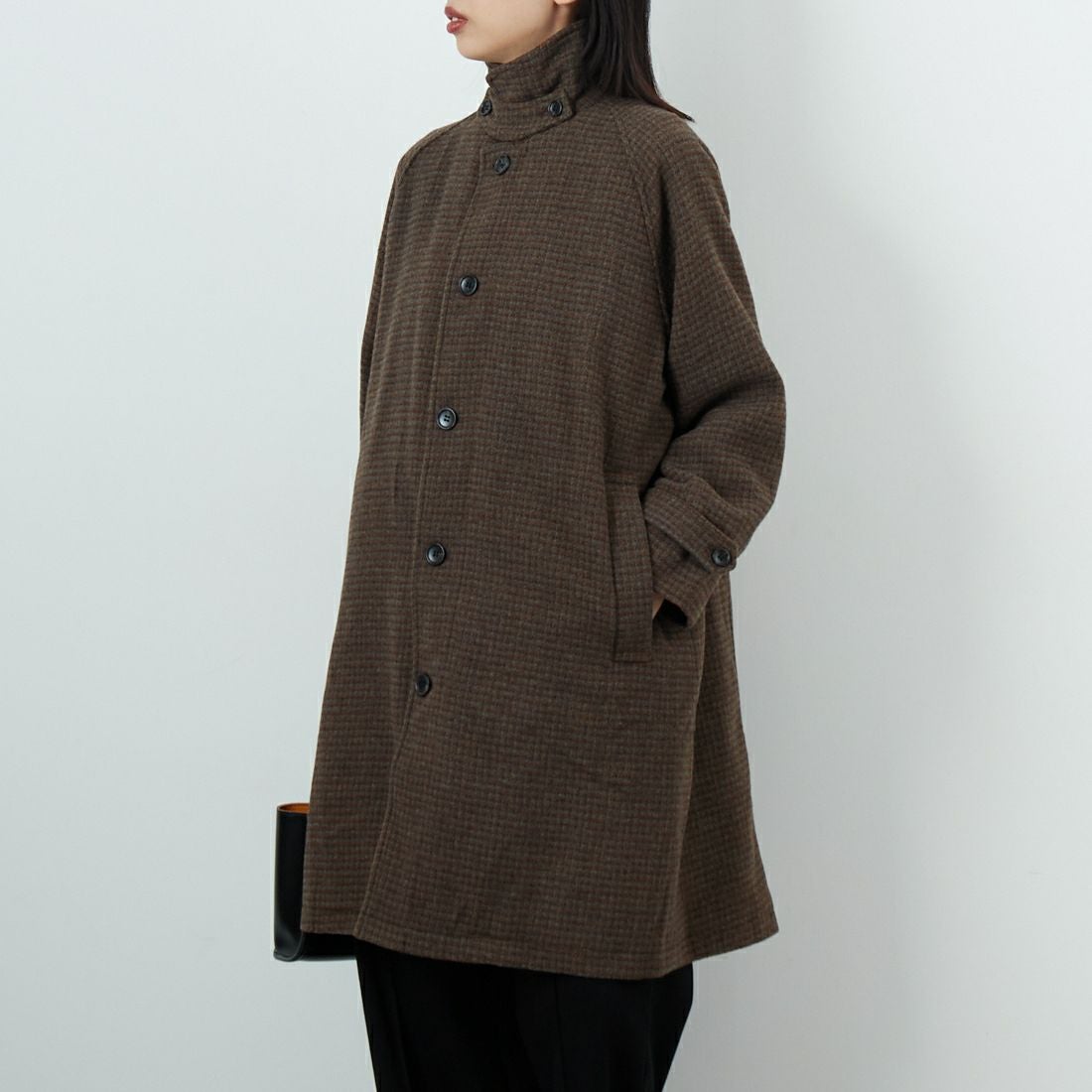 Jeans Factory Clothes [ジーンズファクトリークローズ] ワイドステンカラーミドルコート [831031IN] CHECK &&モデル身長：162cm 着用サイズ：F&&