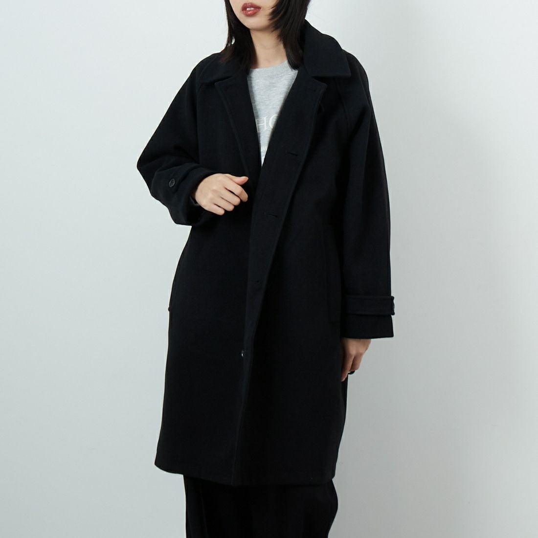 Jeans Factory Clothes [ジーンズファクトリークローズ] ワイドステンカラーミドルコート [831031IN] BLACK &&モデル身長：162cm 着用サイズ：F&&