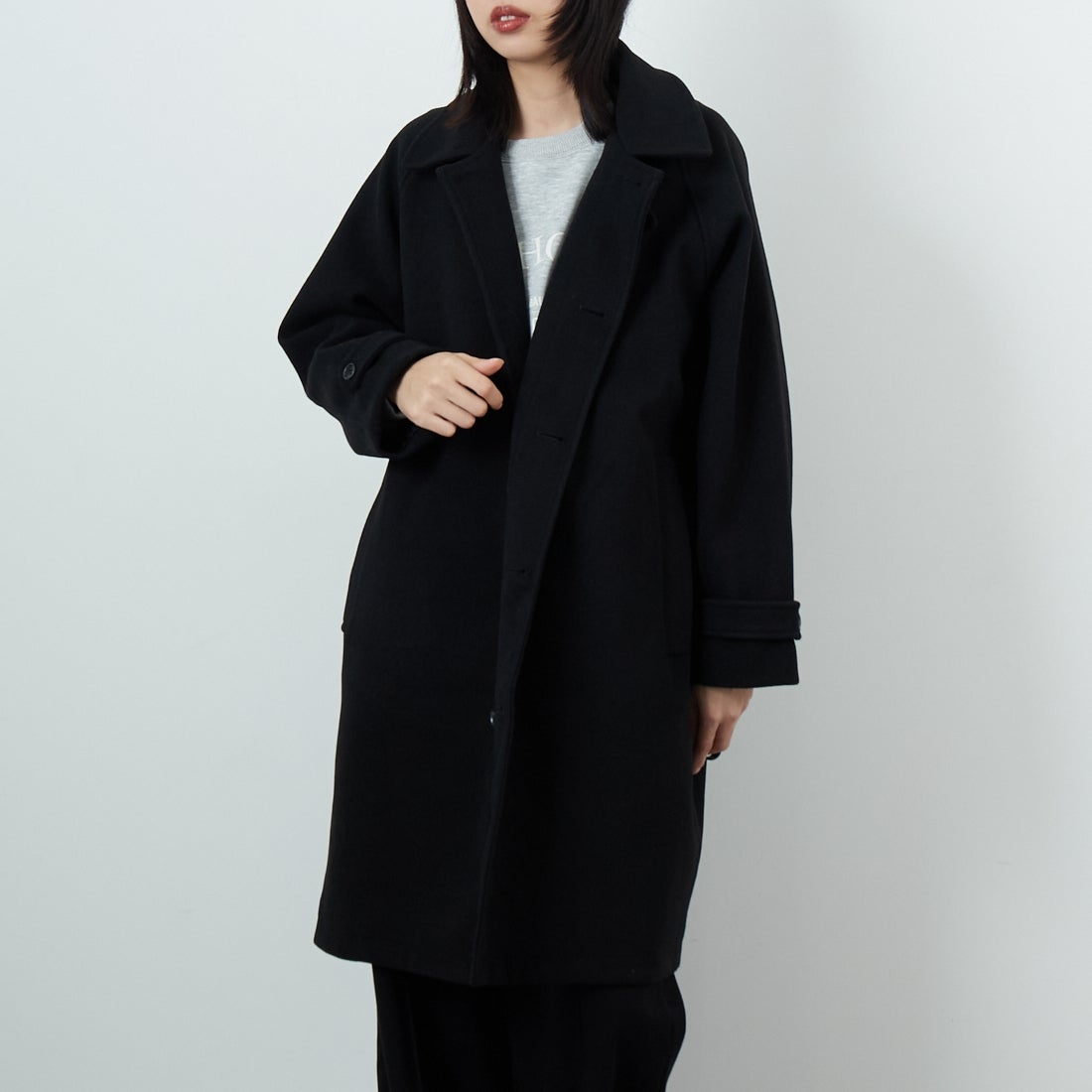 Jeans Factory Clothes [ジーンズファクトリークローズ] ワイドステンカラーミドルコート [831031IN] BLACK &&モデル身長：162cm 着用サイズ：F&&