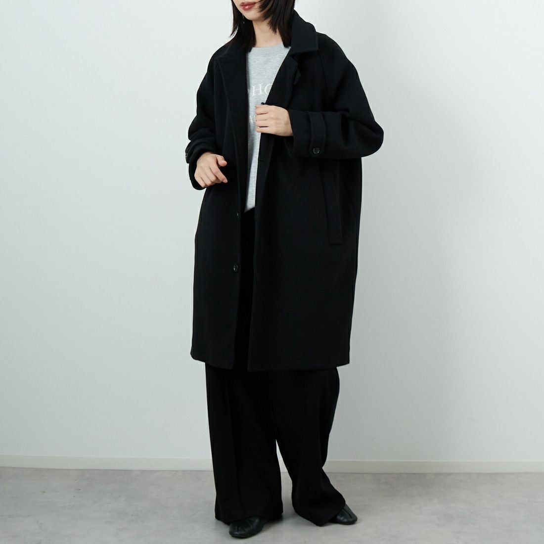 Jeans Factory Clothes [ジーンズファクトリークローズ] ワイドステンカラーミドルコート [831031IN] BLACK &&モデル身長：162cm 着用サイズ：F&&
