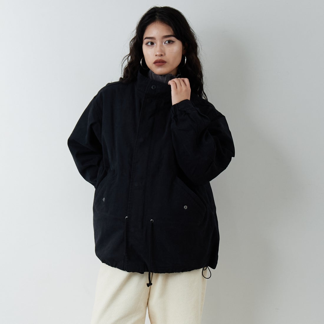Jeans Factory Clothes [ジーンズファクトリークローズ] 3IN1 M65ショートジャケット [653210] BLACK &&モデル身長：162cm 着用サイズ：S&&