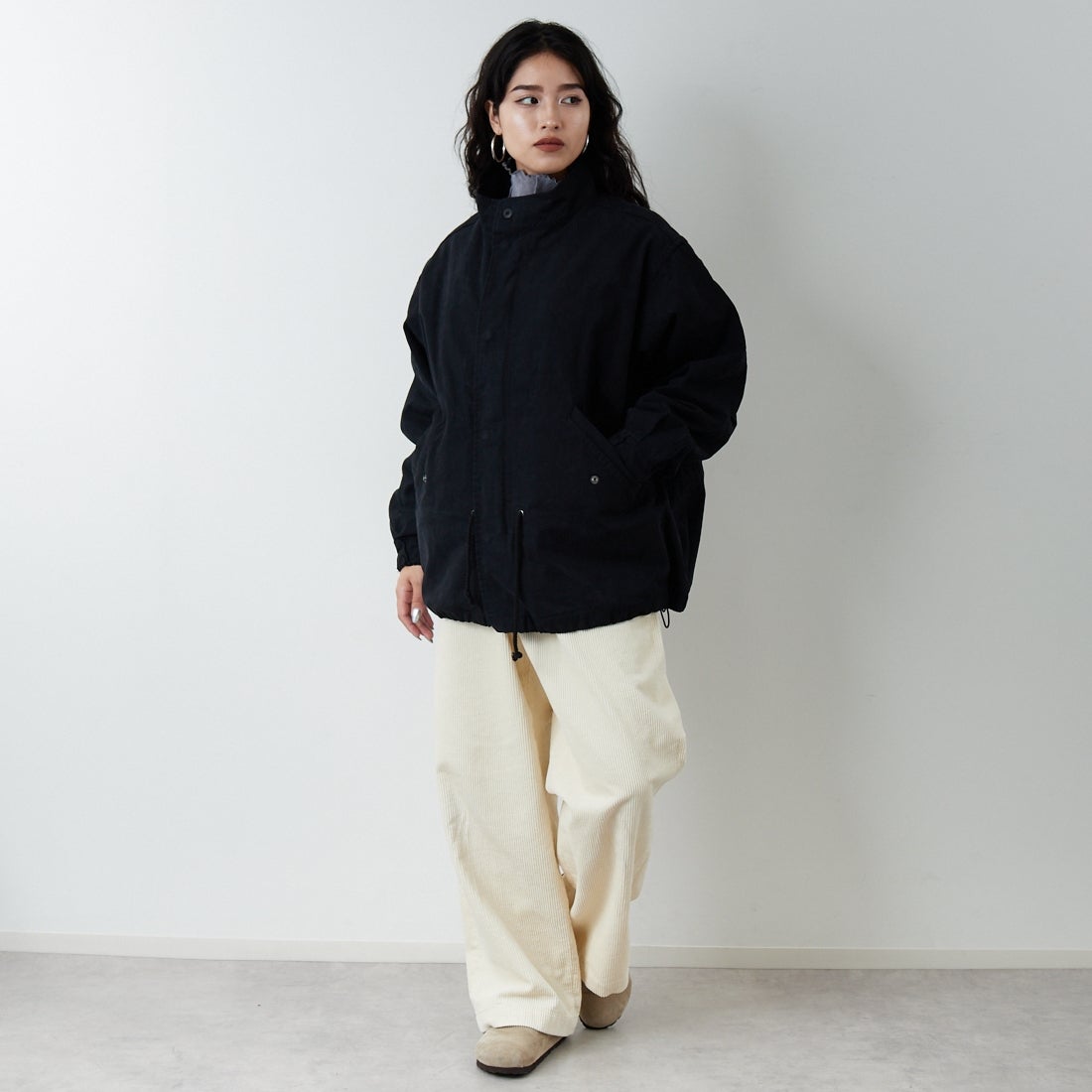 Jeans Factory Clothes [ジーンズファクトリークローズ] 3IN1 M65ショートジャケット [653210] BLACK &&モデル身長：162cm 着用サイズ：S&&