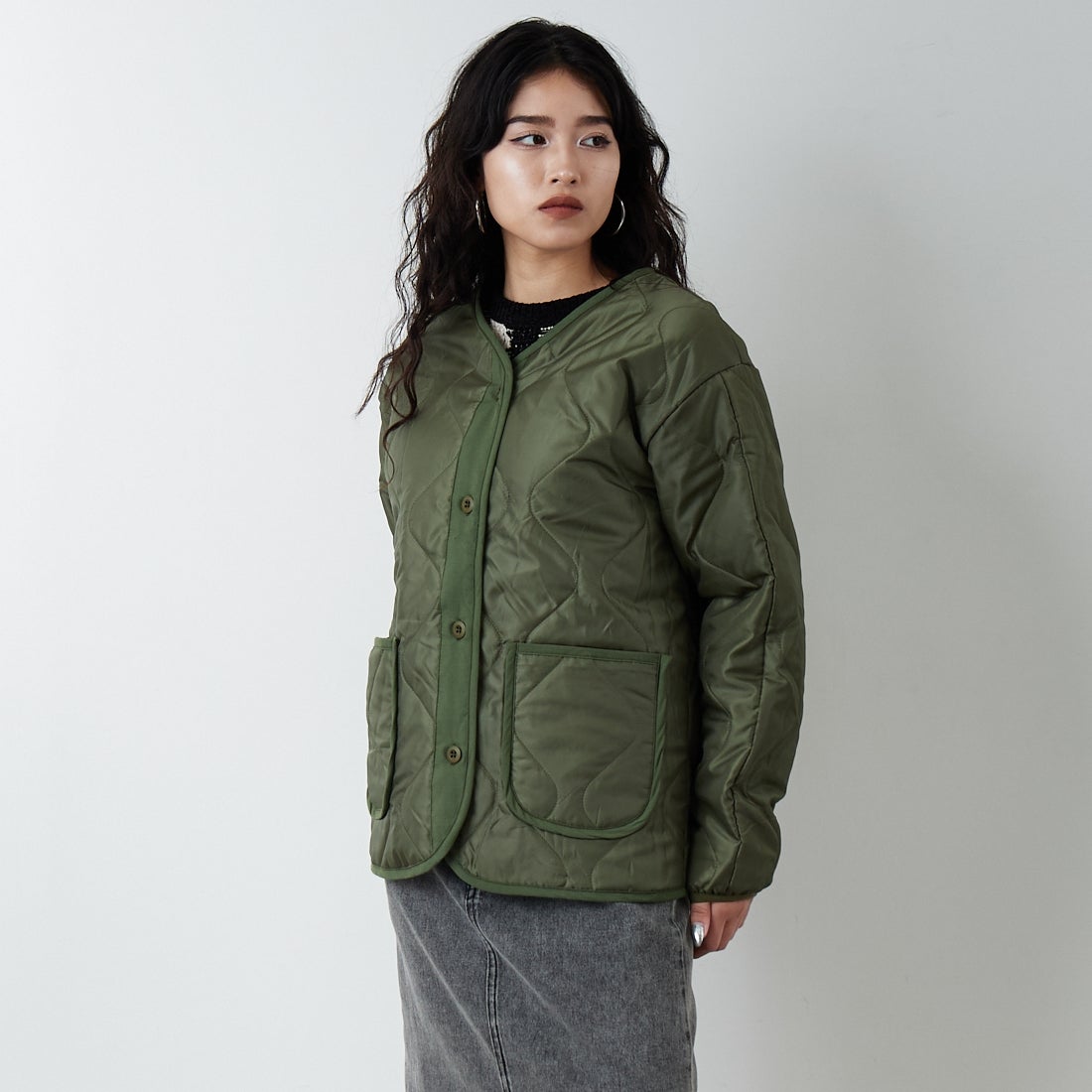 Jeans Factory Clothes [ジーンズファクトリークローズ] 3IN1 M65ショートジャケット [653210] OLIVE &&モデル身長：162cm 着用サイズ：S&&