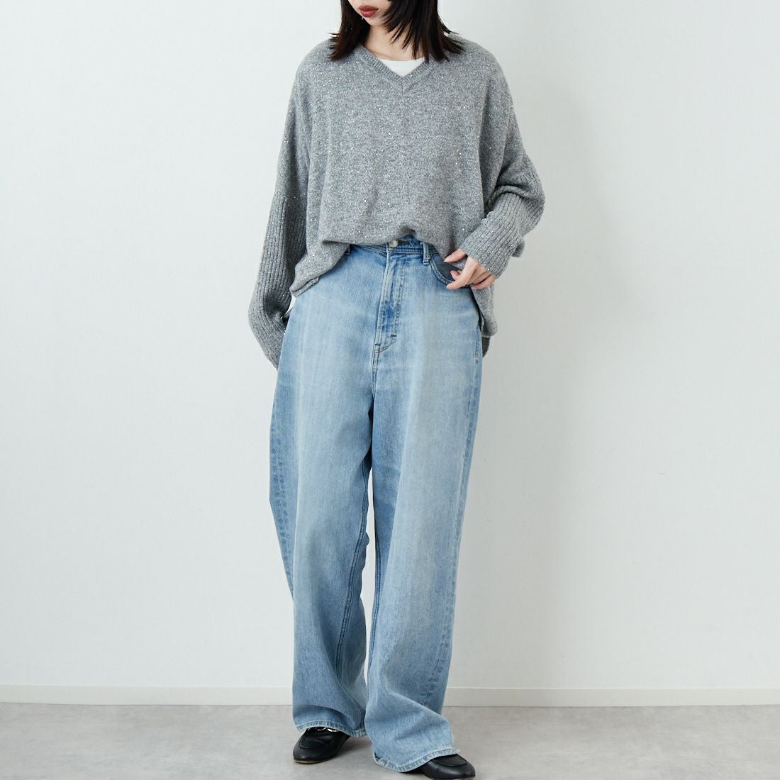 Jf Ready Made [ジェイエフレディメイド] スパンコールドルマンニットプルオーバー [3225426] ﾄｯﾌﾟｸﾞﾚｰ &&モデル身長：162cm 着用サイズ：F&&