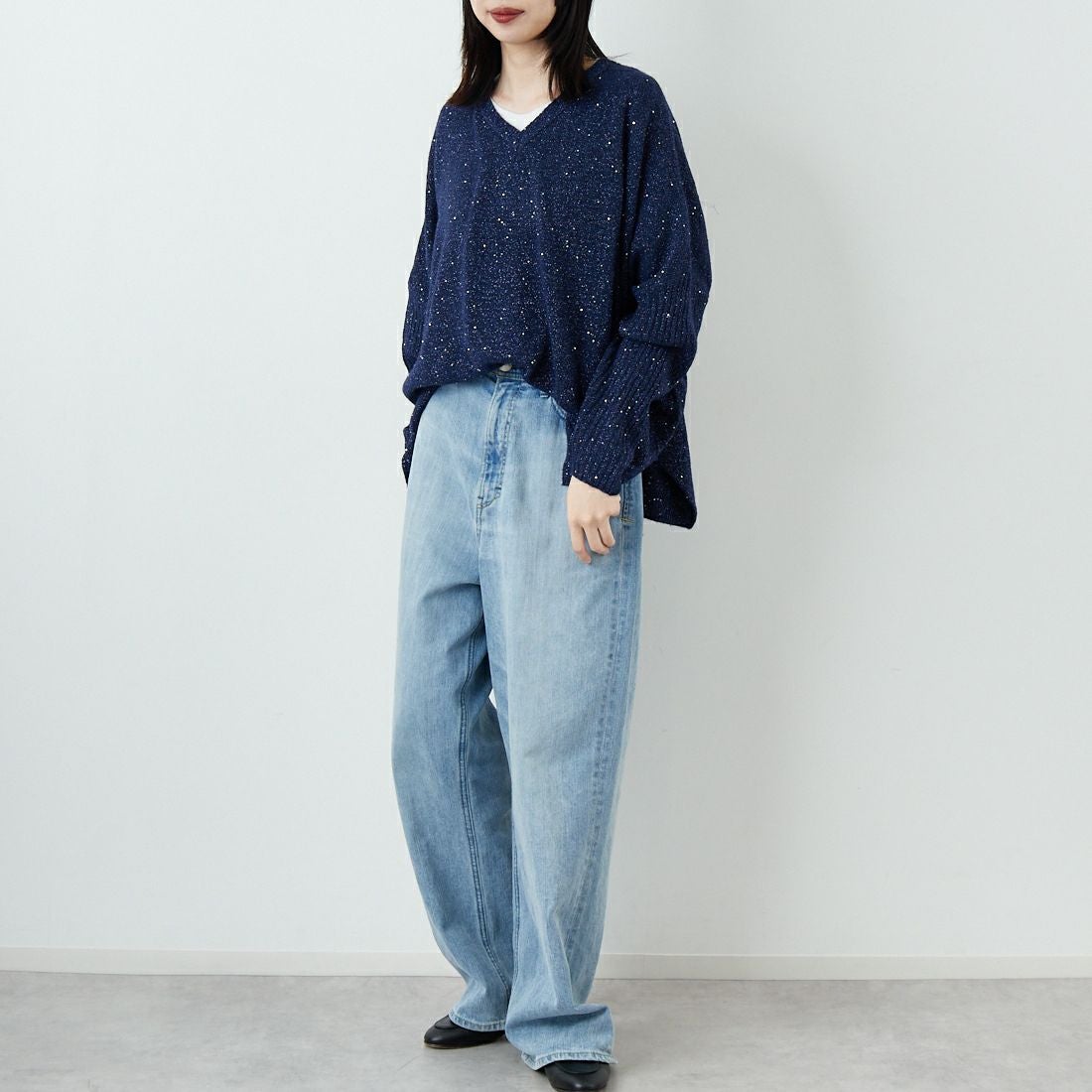 Jf Ready Made [ジェイエフレディメイド] スパンコールドルマンニットプルオーバー [3225426] ﾈｲﾋﾞｰ &&モデル身長：162cm 着用サイズ：F&&