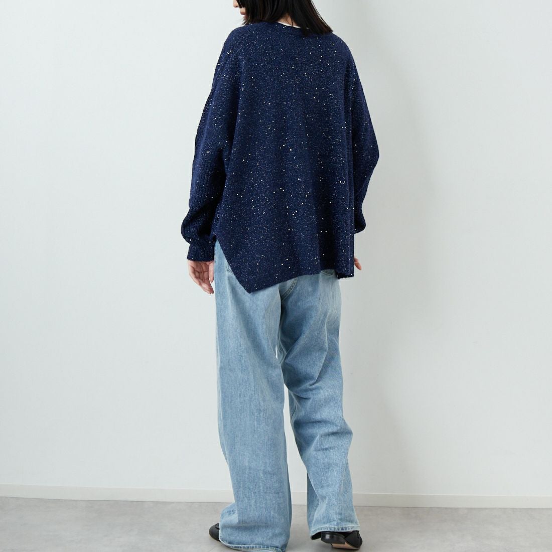 Jf Ready Made [ジェイエフレディメイド] スパンコールドルマンニットプルオーバー [3225426] ﾈｲﾋﾞｰ &&モデル身長：162cm 着用サイズ：F&&