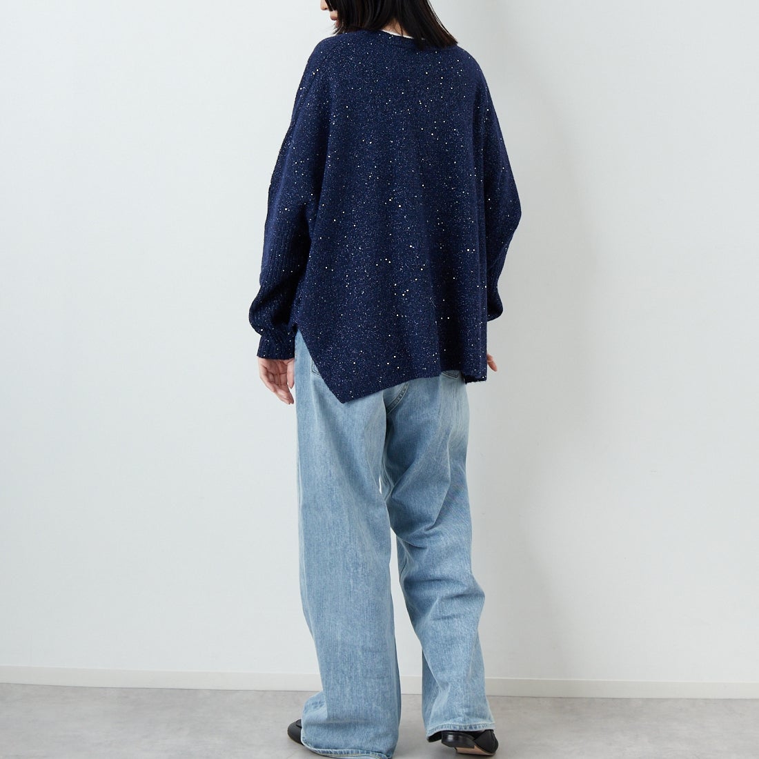 Jf Ready Made [ジェイエフレディメイド] スパンコールドルマンニットプルオーバー [3225426] ﾈｲﾋﾞｰ &&モデル身長：162cm 着用サイズ：F&&