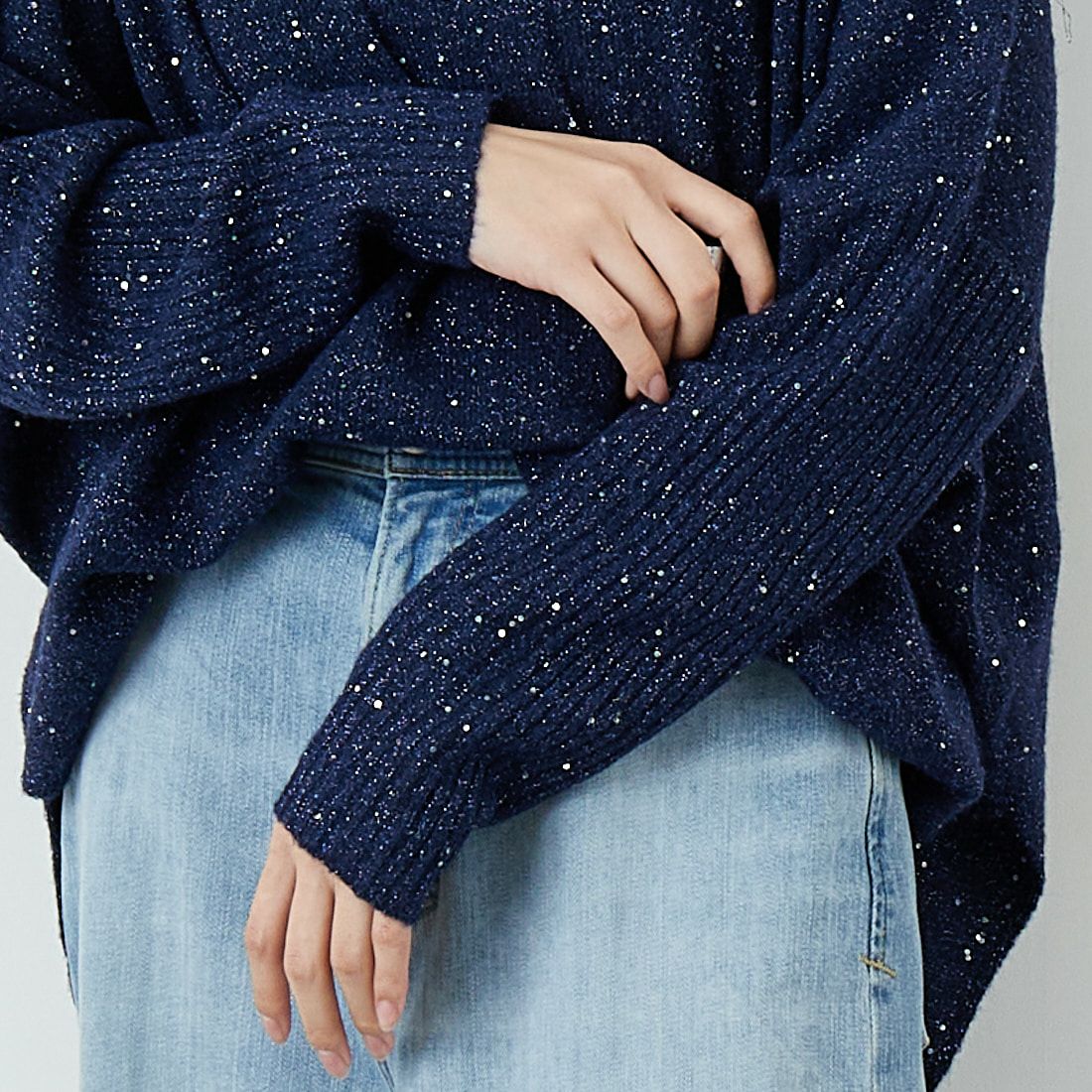 Jf Ready Made [ジェイエフレディメイド] スパンコールドルマンニットプルオーバー [3225426] ﾈｲﾋﾞｰ &&モデル身長：162cm 着用サイズ：F&&