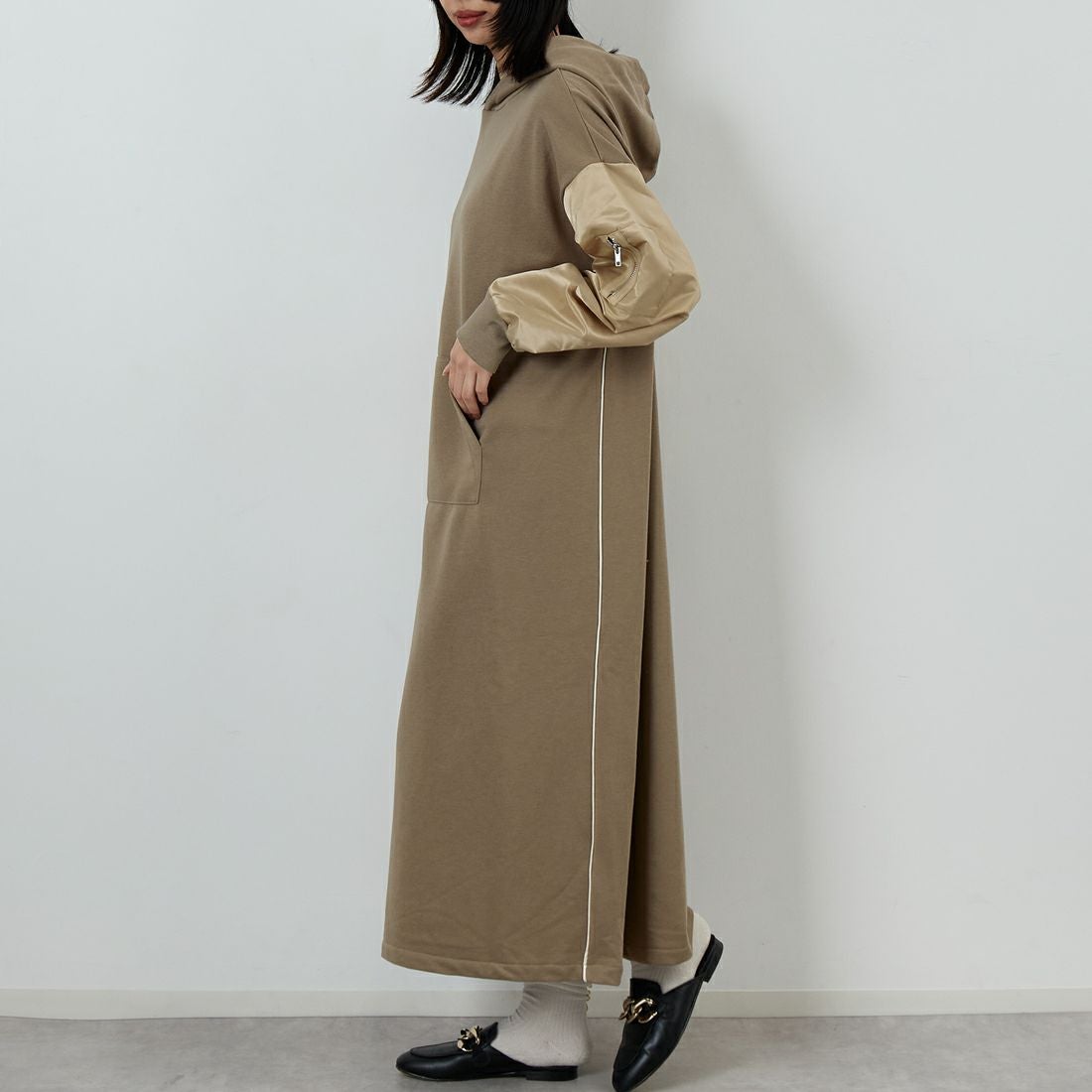 Jf Ready Made [ジェイエフレディメイド] 異素材ドッキングパーカーワンピース [922-24127] ﾌﾞﾗｳﾝ &&モデル身長：162cm 着用サイズ：F&&