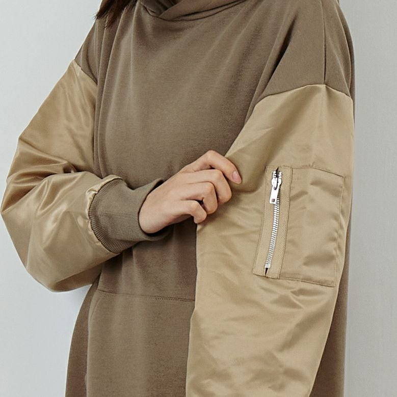 Jf Ready Made [ジェイエフレディメイド] 異素材ドッキングパーカーワンピース [922-24127] ﾌﾞﾗｳﾝ &&モデル身長：162cm 着用サイズ：F&&