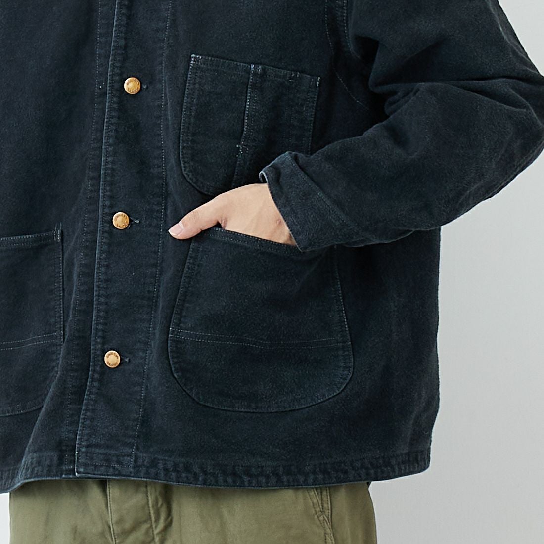 REMI RELIEF [レミレリーフ] モールスキンカバーオールジャケット [RN29373043] BLACK &&モデル身長：179cm 着用サイズ：L&&