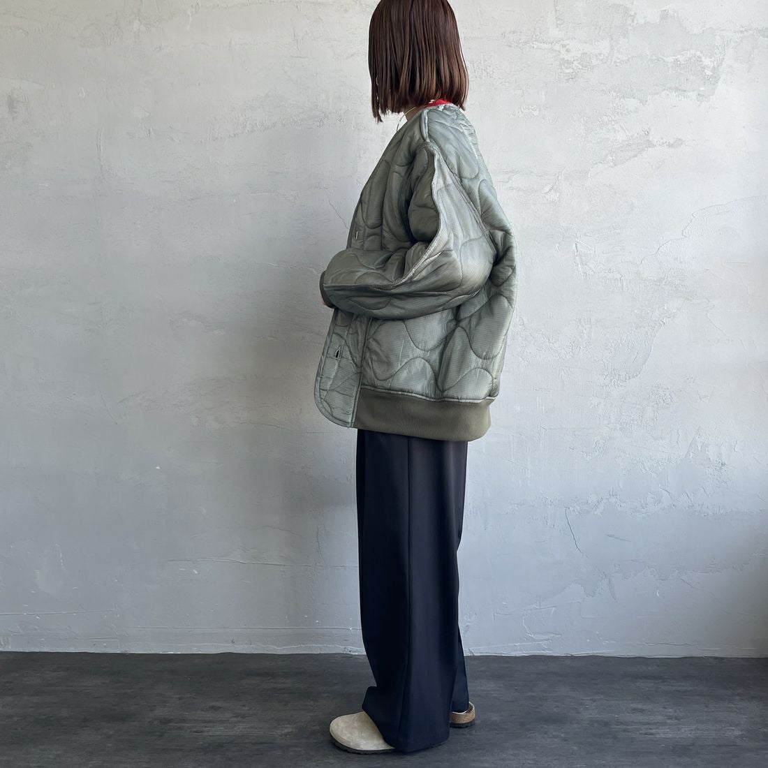 ODDMENT [オッドメント] キルティング MA-1ジャケット [QUILTING-MA-1] GREY &&モデル身長：159cm 着用サイズ：ONE SIZE&&