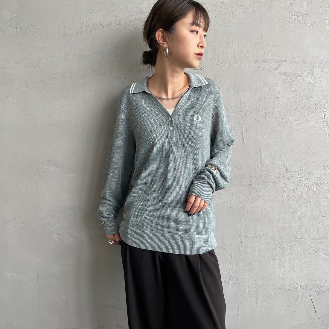 FRED PERRY [フレッドペリー] ツインティップライン メタリックニットポロシャツ [K1128] Z20 STOCKP &&モデル身長：150cm 着用サイズ：10&&
