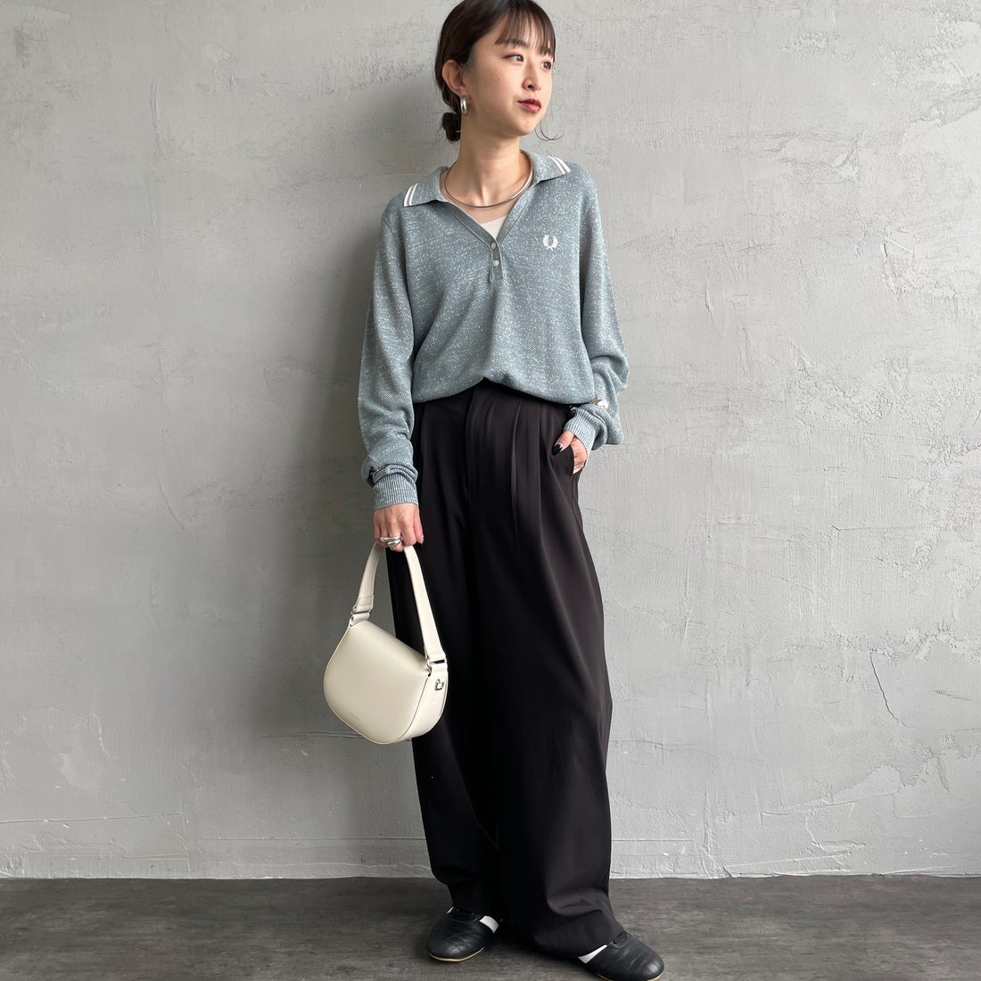FRED PERRY [フレッドペリー] ツインティップライン メタリックニットポロシャツ [K1128] Z20 STOCKP &&モデル身長：150cm 着用サイズ：10&&
