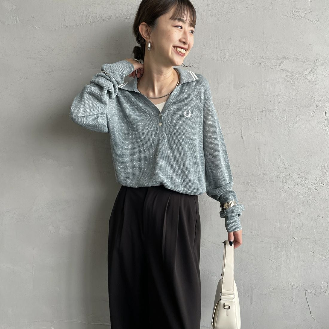 FRED PERRY [フレッドペリー] ツインティップライン メタリックニットポロシャツ [K1128] Z20 STOCKP &&モデル身長：150cm 着用サイズ：10&&
