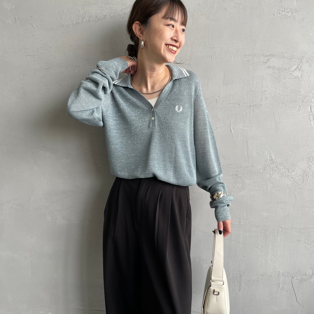 FRED PERRY [フレッドペリー] ツインティップライン メタリックニットポロシャツ [K1128] Z20 STOCKP &&モデル身長：150cm 着用サイズ：10&&