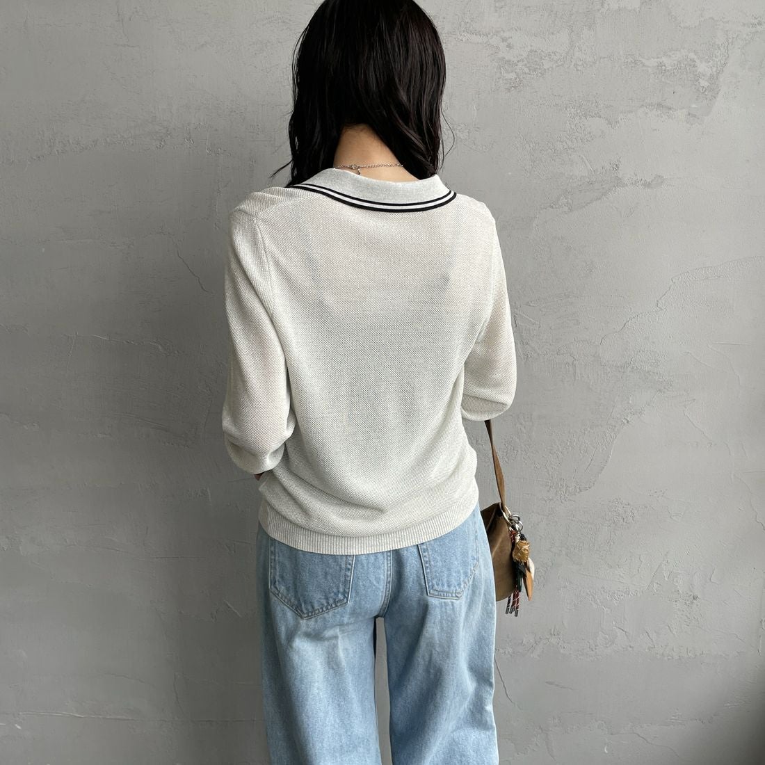 FRED PERRY [フレッドペリー] ツインティップライン メタリックニットポロシャツ [K1128] 560 ECRU &&モデル身長：160cm 着用サイズ：10&&