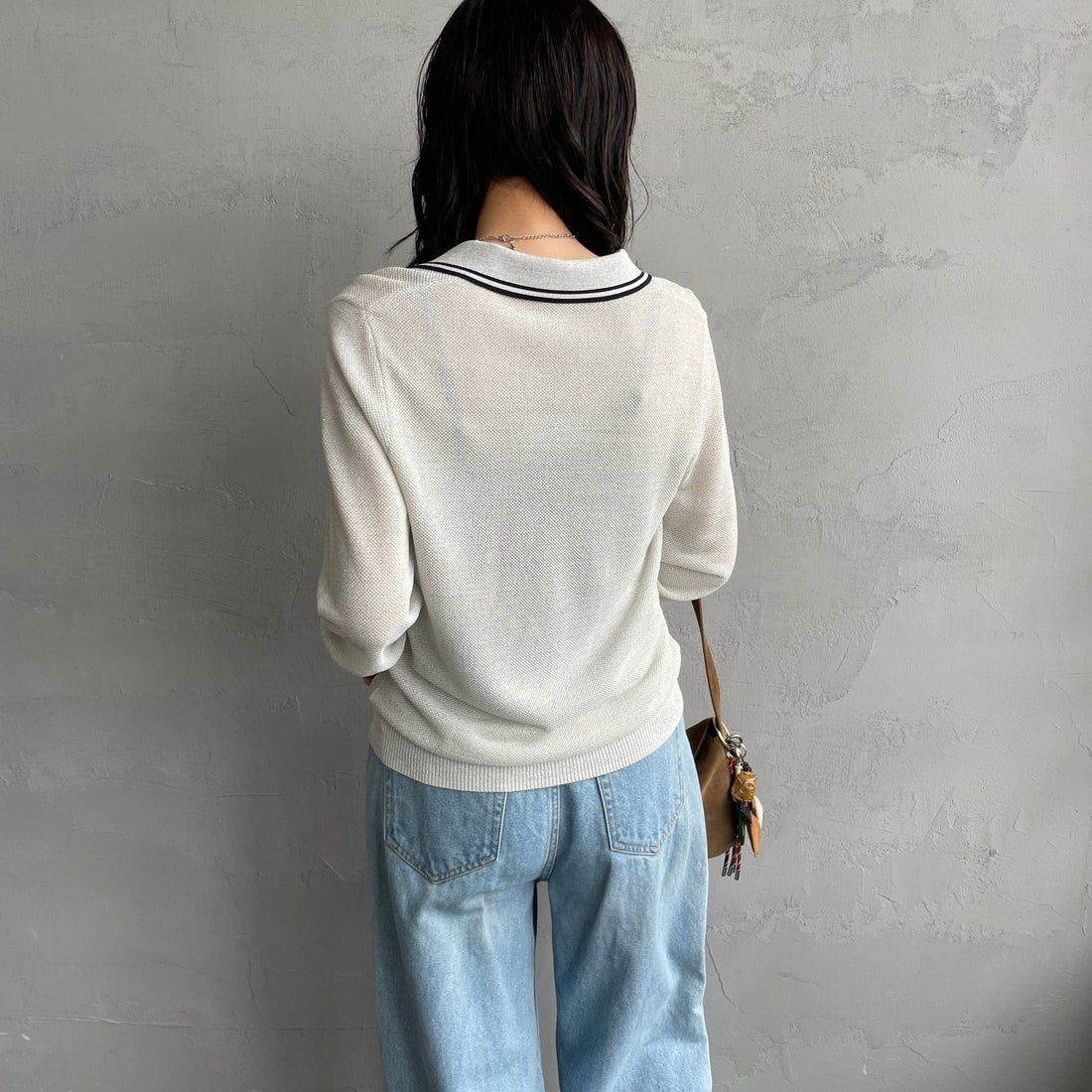 FRED PERRY [フレッドペリー] ツインティップライン メタリックニットポロシャツ [K1128] 560 ECRU &&モデル身長：160cm 着用サイズ：10&&