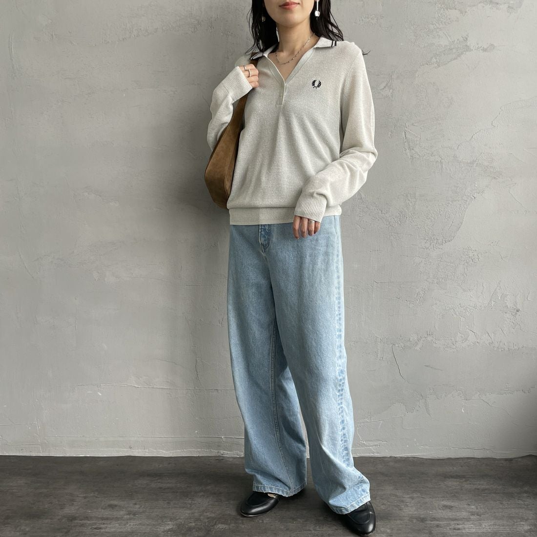 FRED PERRY [フレッドペリー] ツインティップライン メタリックニットポロシャツ [K1128] 560 ECRU &&モデル身長：160cm 着用サイズ：10&&