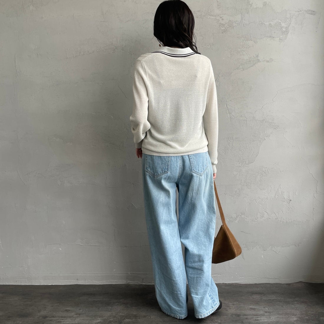 FRED PERRY [フレッドペリー] ツインティップライン メタリックニットポロシャツ [K1128] 560 ECRU &&モデル身長：160cm 着用サイズ：10&&