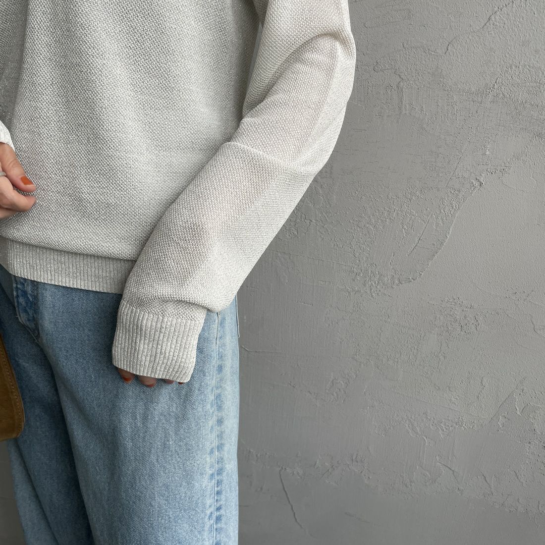 FRED PERRY [フレッドペリー] ツインティップライン メタリックニットポロシャツ [K1128] 560 ECRU &&モデル身長：160cm 着用サイズ：10&&