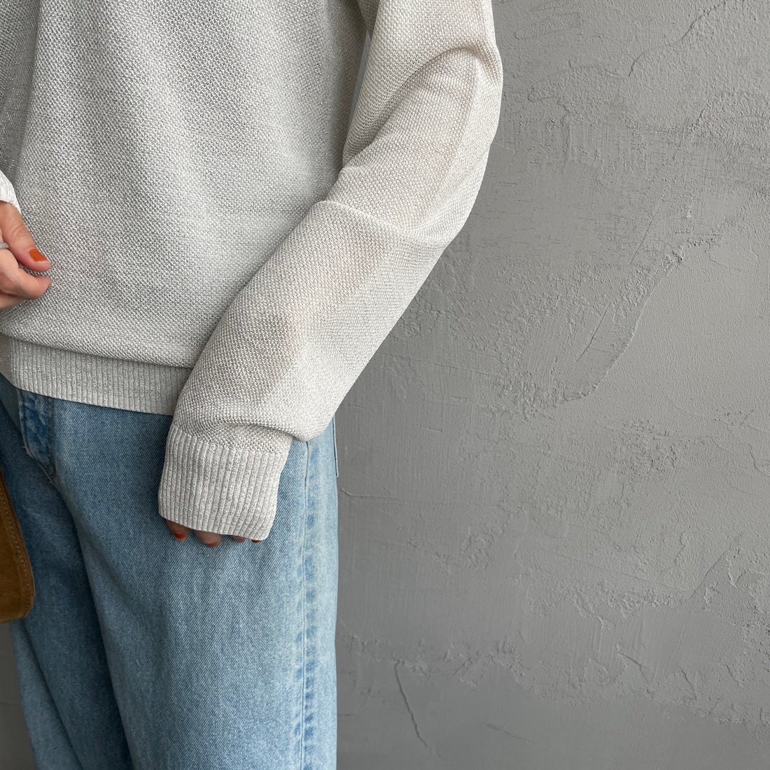 FRED PERRY [フレッドペリー] ツインティップライン メタリックニットポロシャツ [K1128] 560 ECRU &&モデル身長：160cm 着用サイズ：10&&