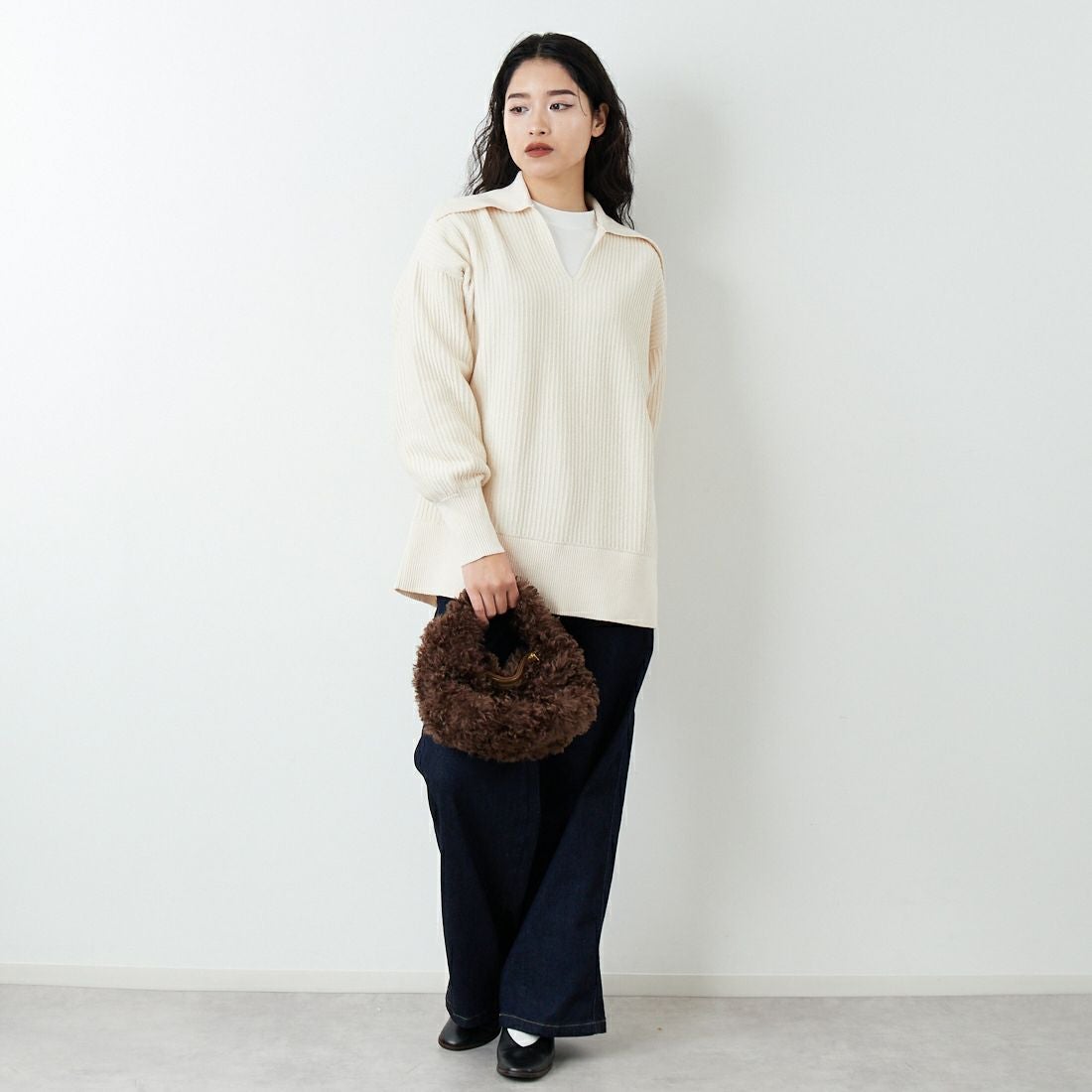 RIM.ARK [リムアーク] ベーシックカラーリブプルオーバー [460JSL70-2271] IVOY &&モデル身長：162cm 着用サイズ：F&&