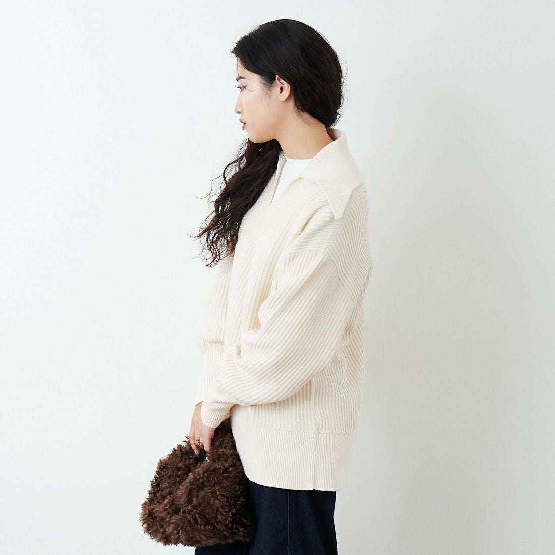 RIM.ARK [リムアーク] ベーシックカラーリブプルオーバー [460JSL70-2271] IVOY &&モデル身長：162cm 着用サイズ：F&&