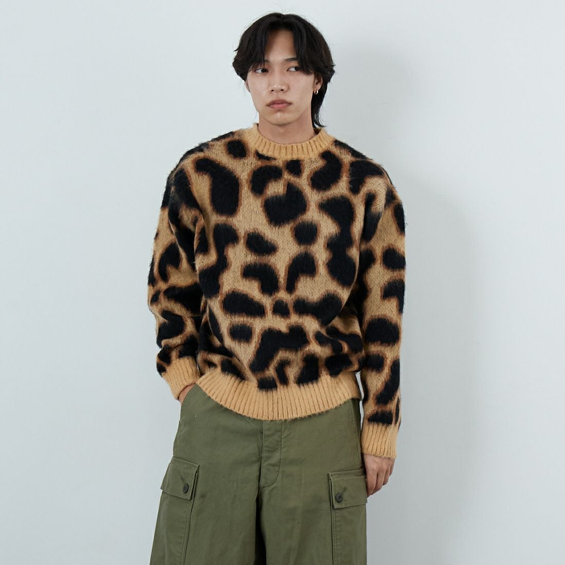 33Degrees [サーティスリーディグリーズ] バルキージャカードクルーネックニット [TDS-254-032] BRNﾚｵﾊﾟｰﾄﾞ &&モデル身長：179cm 着用サイズ：M&&