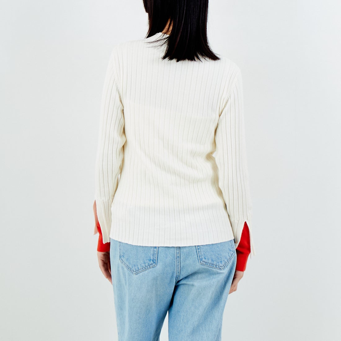 Jf Ready Made [ジェイエフレディメイド] 配色リブニット [929-14110] 02A ｱｲﾎﾞﾘｰ &&モデル身長：162cm 着用サイズ：F&&