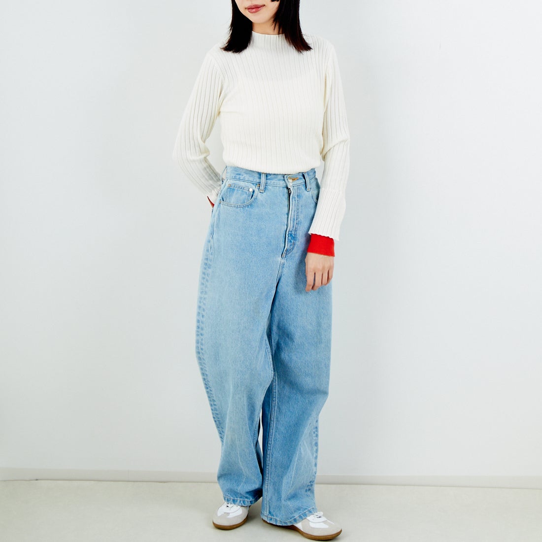 Jf Ready Made [ジェイエフレディメイド] 配色リブニット [929-14110] 02A ｱｲﾎﾞﾘｰ &&モデル身長：162cm 着用サイズ：F&&