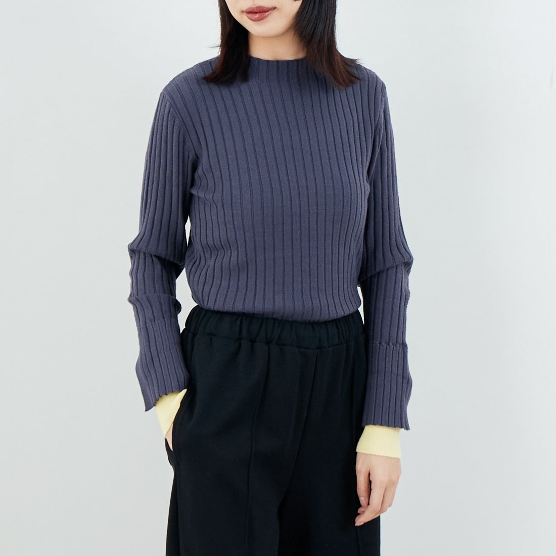 Jf Ready Made [ジェイエフレディメイド] 配色リブニット [929-14110] 08A ﾁｬｺｰﾙ &&モデル身長：162cm 着用サイズ：F&&