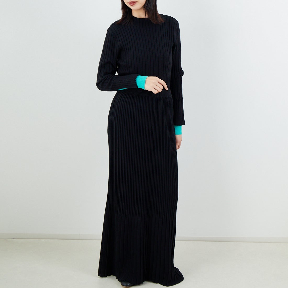 Jf Ready Made [ジェイエフレディメイド] 配色リブニット [929-14110] 09A ﾌﾞﾗｯｸ &&モデル身長：162cm 着用サイズ：F&&