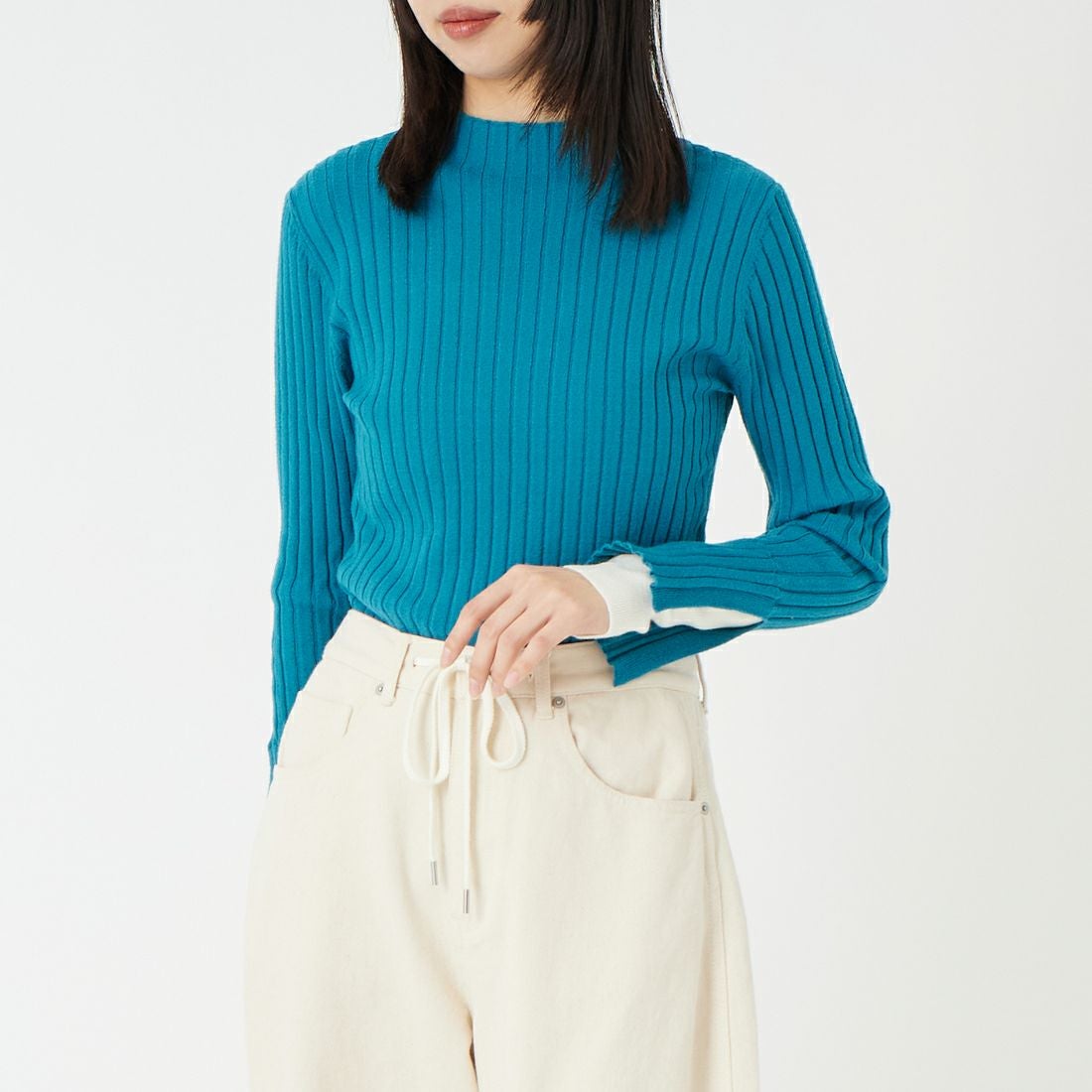 Jf Ready Made [ジェイエフレディメイド] 配色リブニット [929-14110] 83A ﾌﾞﾙｰｸﾞ &&モデル身長：162cm 着用サイズ：F&&