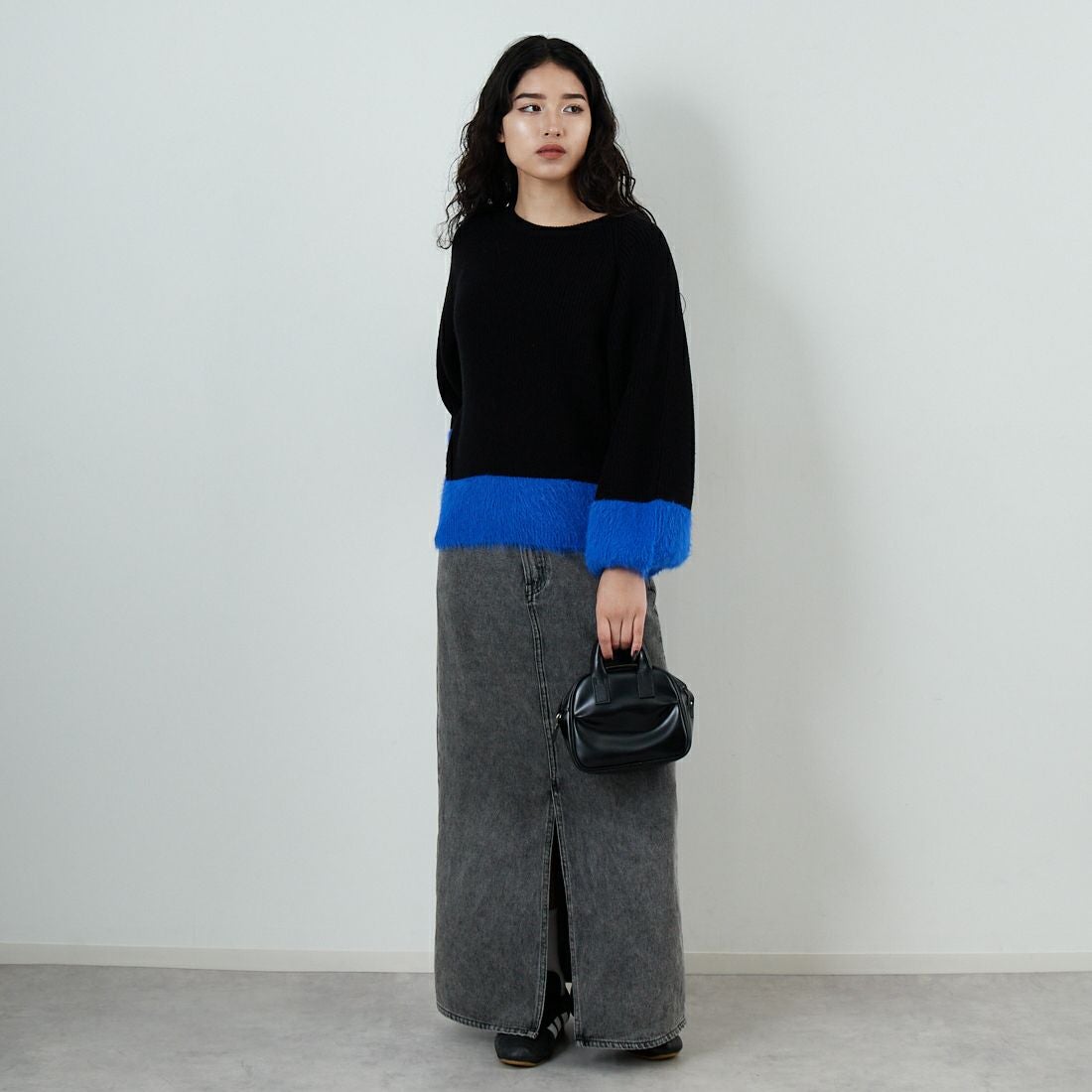 Jf Ready Made [ジェイエフレディメイド] 配色ポイントシャギーニット [986-14185] 09 ﾌﾞﾗｯｸ &&モデル身長：162cm 着用サイズ：F&&