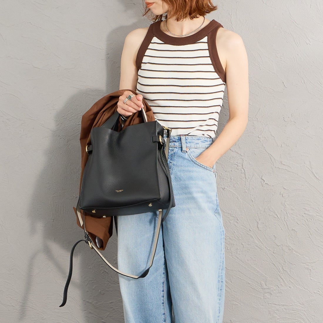 VIOLAd'ORO [ヴィオラドーロ] TRERO サイドベルトレザートートバッグ [V-1619] BLACK/GRAY
