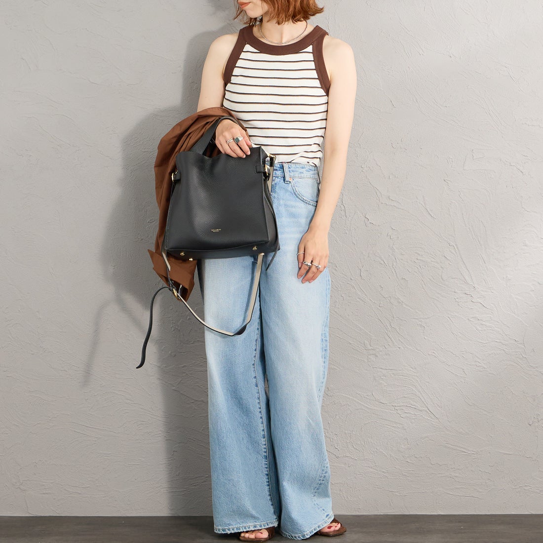 VIOLAd'ORO [ヴィオラドーロ] TRERO サイドベルトレザートートバッグ [V-1619] BLACK/GRAY