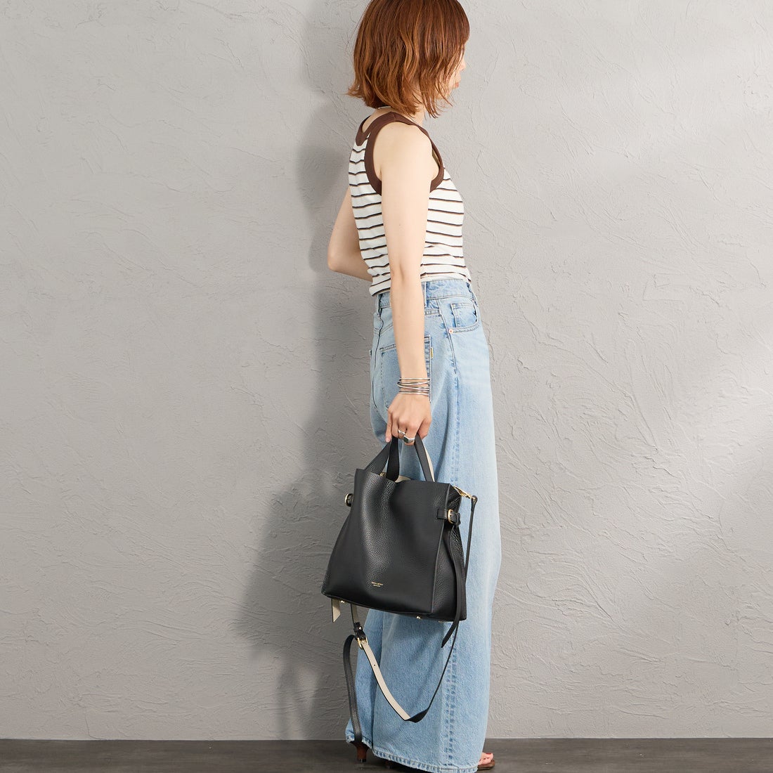 VIOLAd'ORO [ヴィオラドーロ] TRERO サイドベルトレザートートバッグ [V-1619] BLACK/GRAY