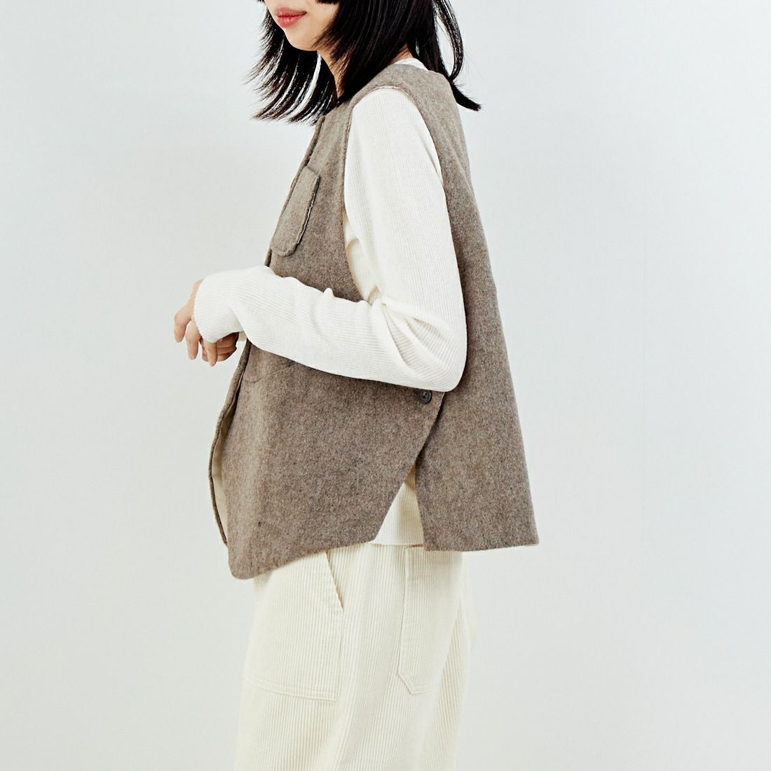 tumugu: [ツムグ] エコウールモッサベスト [TB25419] 17 MOCHA &&モデル身長：162cm 着用サイズ：F&&