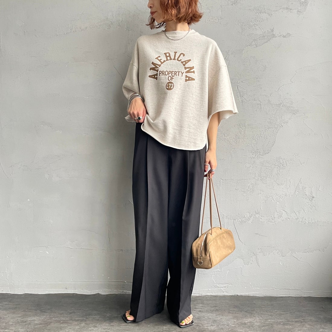 Americana × JEANS FACTORY [アメリカーナ × ジーンズファクトリー] 別注 カレッジプリント カットオフスウェット [ASO-850-1-JF] ｵｰﾄﾐｰﾙ &&モデル身長：158cm 着用サイズ：ONE SIZE&&