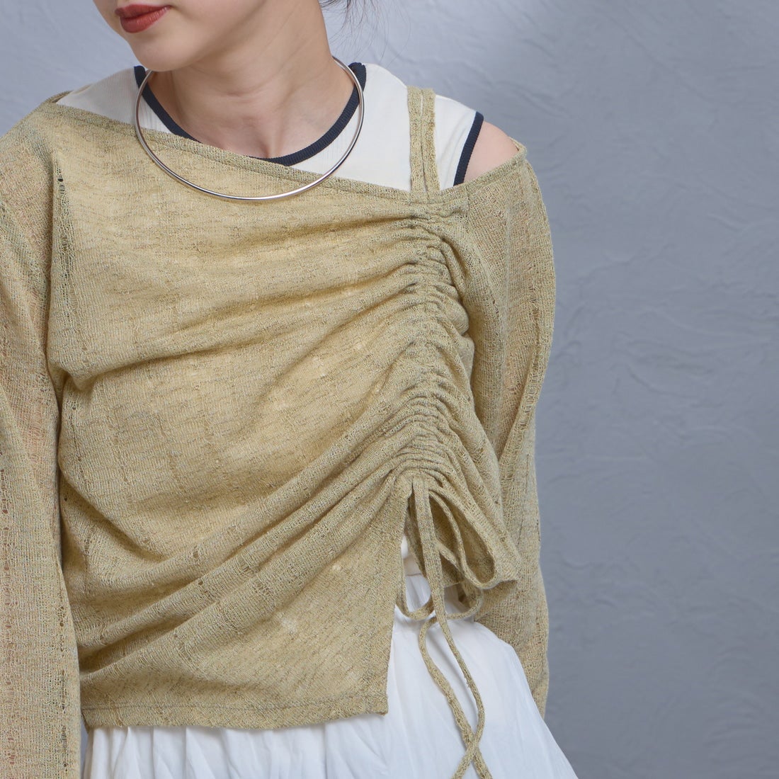 nenom [ネノム] ワンオフショルダー ギャザーリボンTシャツ [NE26312004] 37 MINT &&モデル身長：150cm 着用サイズ：F&&