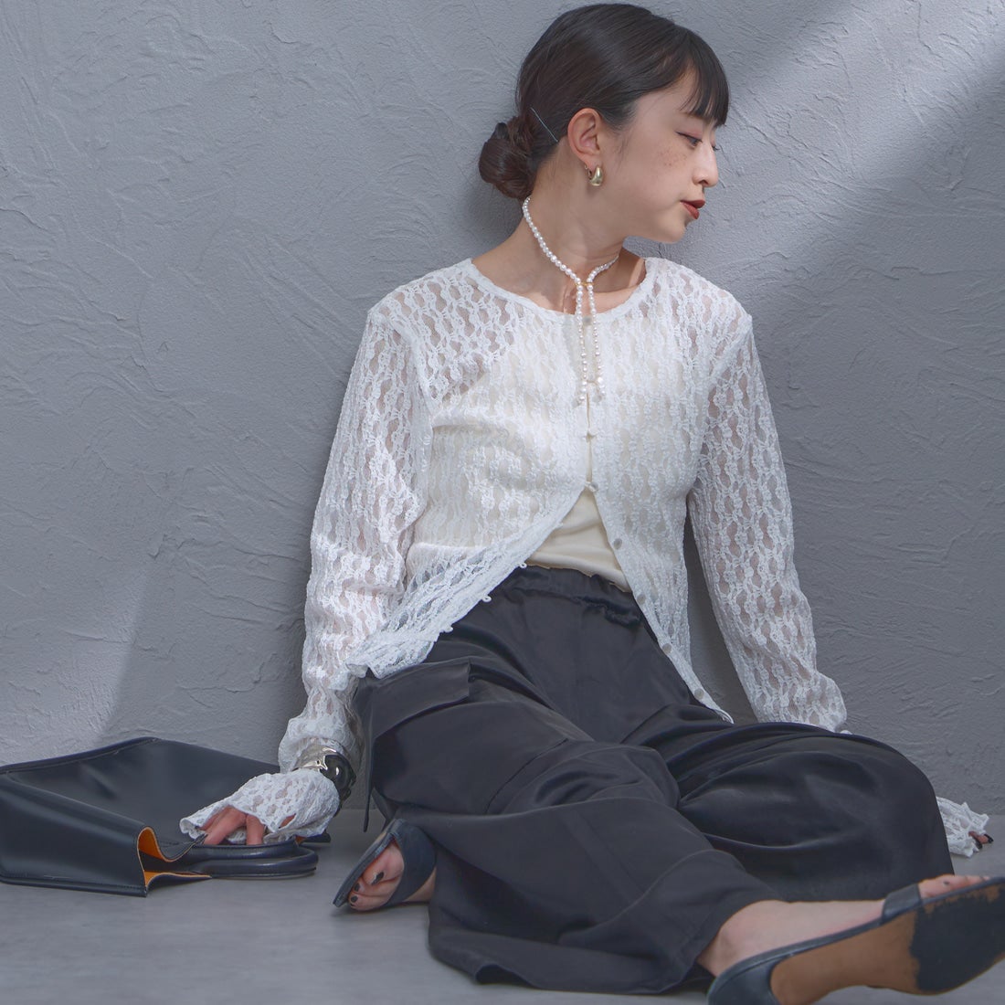 nenom [ネノム] マルチWAY レースペプラムカーディガン [NE26312001] 02 OFF &&モデル身長：150cm 着用サイズ：F&&