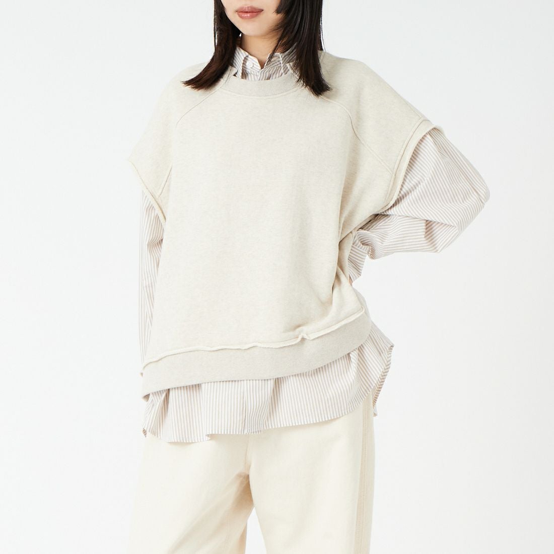 tumugu: [ツムグ] リサイクル度詰め裏毛ベスト [TC25409] 04 IVORY &&モデル身長：162cm 着用サイズ：F&&