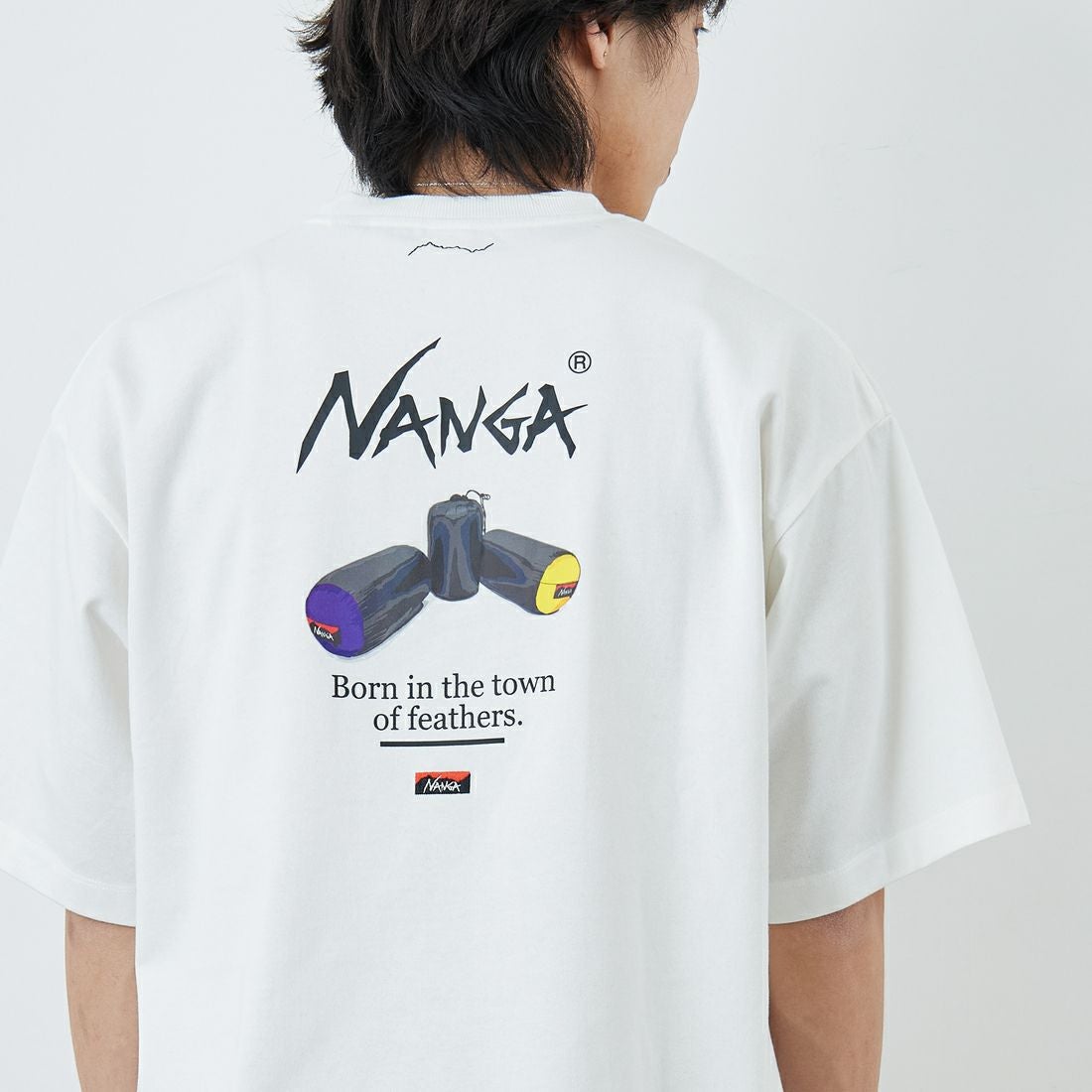 JEANSFACTORY × NANGA [ジーンズファクトリー × ナンガ] 別注 ルーズフィット NEBUKUROバックプリント ドローコードTシャツ [NW26SS-JF8] WHITE &&モデル身長：179cm 着用サイズ：L&&
