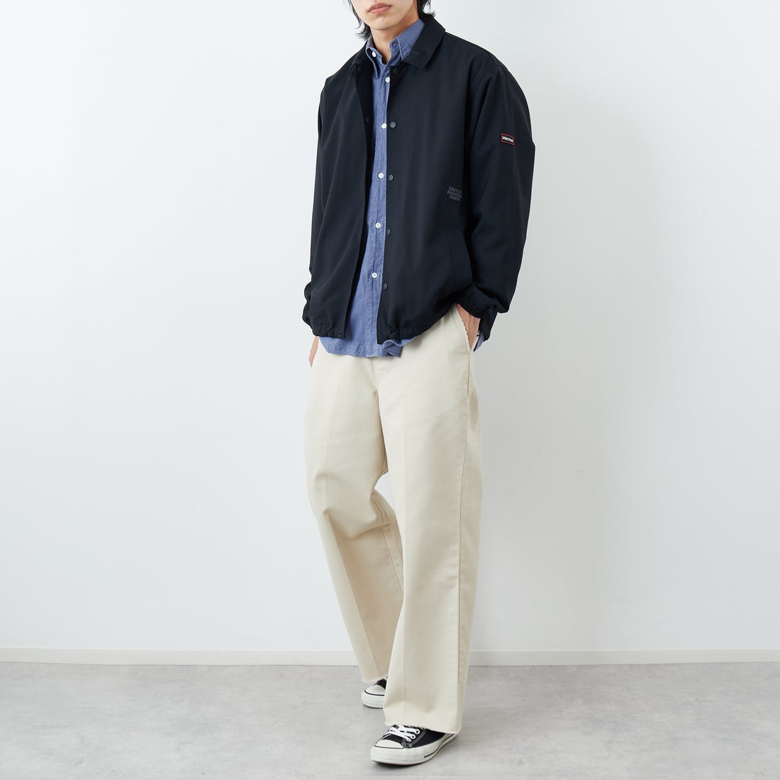 Marmot [マーモット] 別注 メリノウール コーチジャケット [MTSS26MJK330IN-JF] BLACK &&モデル身長：179cm 着用サイズ：L&&