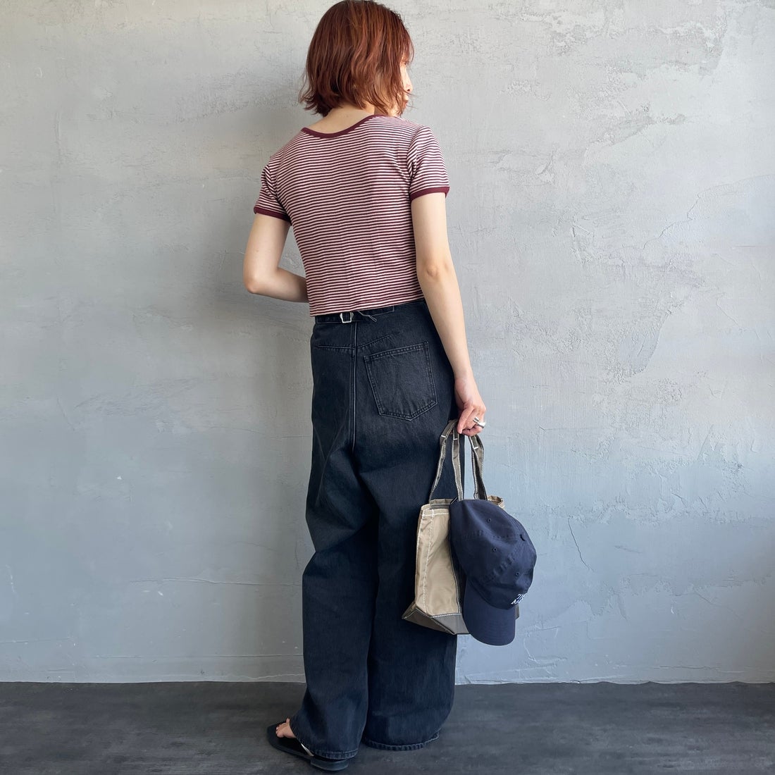 Robert P.Miller [ロバートピーミラー] 別注 クロップド丈 ボーダーヘンリーネックTシャツ [RM261-2265IN-JF] CLAY&&モデル身長：158cm 着用サイズ：F&&