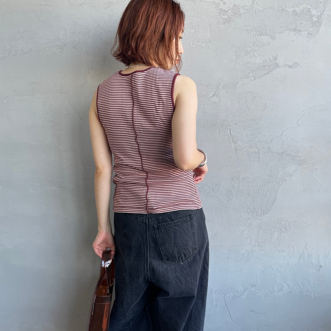 Robert P.Miller [ロバートピーミラー] 別注 配色 センタースリット パネルリブタンクトップ [RM261-2261IN-JF] CLAY &&モデル身長：158cm 着用サイズ：F&&