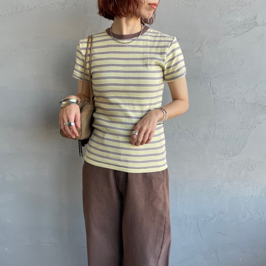 Robert P.Miller [ロバートピーミラー] 別注 配色 パネルリブショートスリーブTシャツ [RM261-2152IN-JF] BANANA &&モデル身長：158cm 着用サイズ：F&&