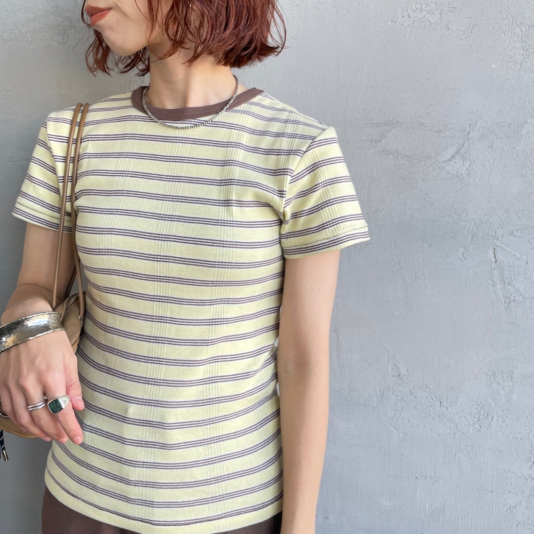 Robert P.Miller [ロバートピーミラー] 別注 配色 パネルリブショートスリーブTシャツ [RM261-2152IN-JF] BANANA &&モデル身長：158cm 着用サイズ：F&&